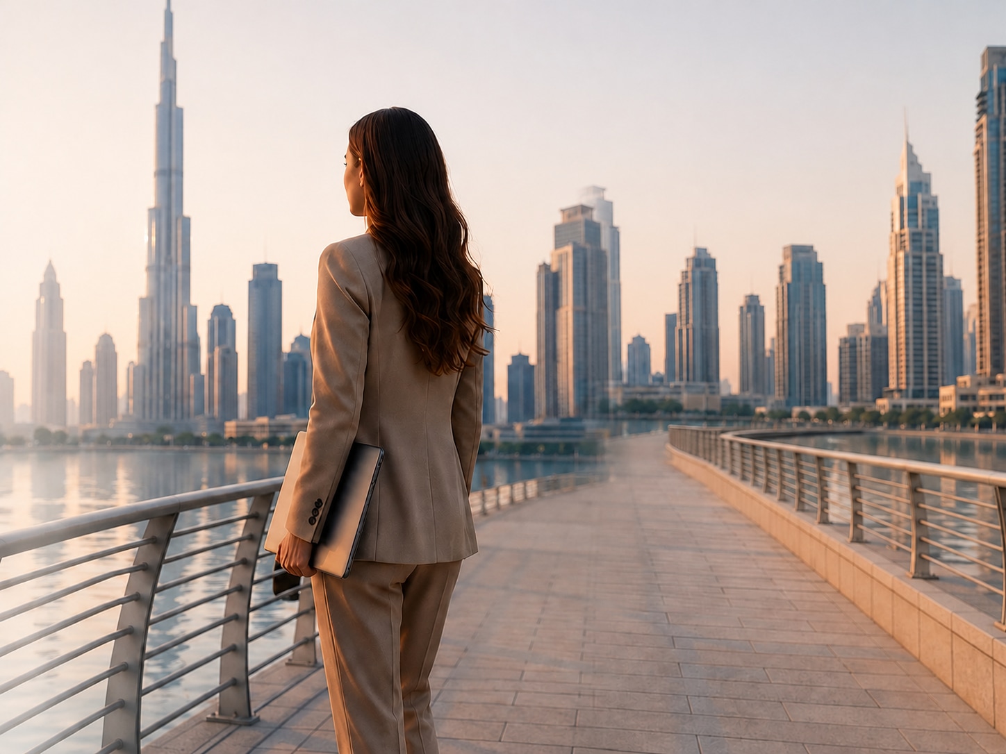 A woman walking along the Dubai waterfront with the city skyline behind her